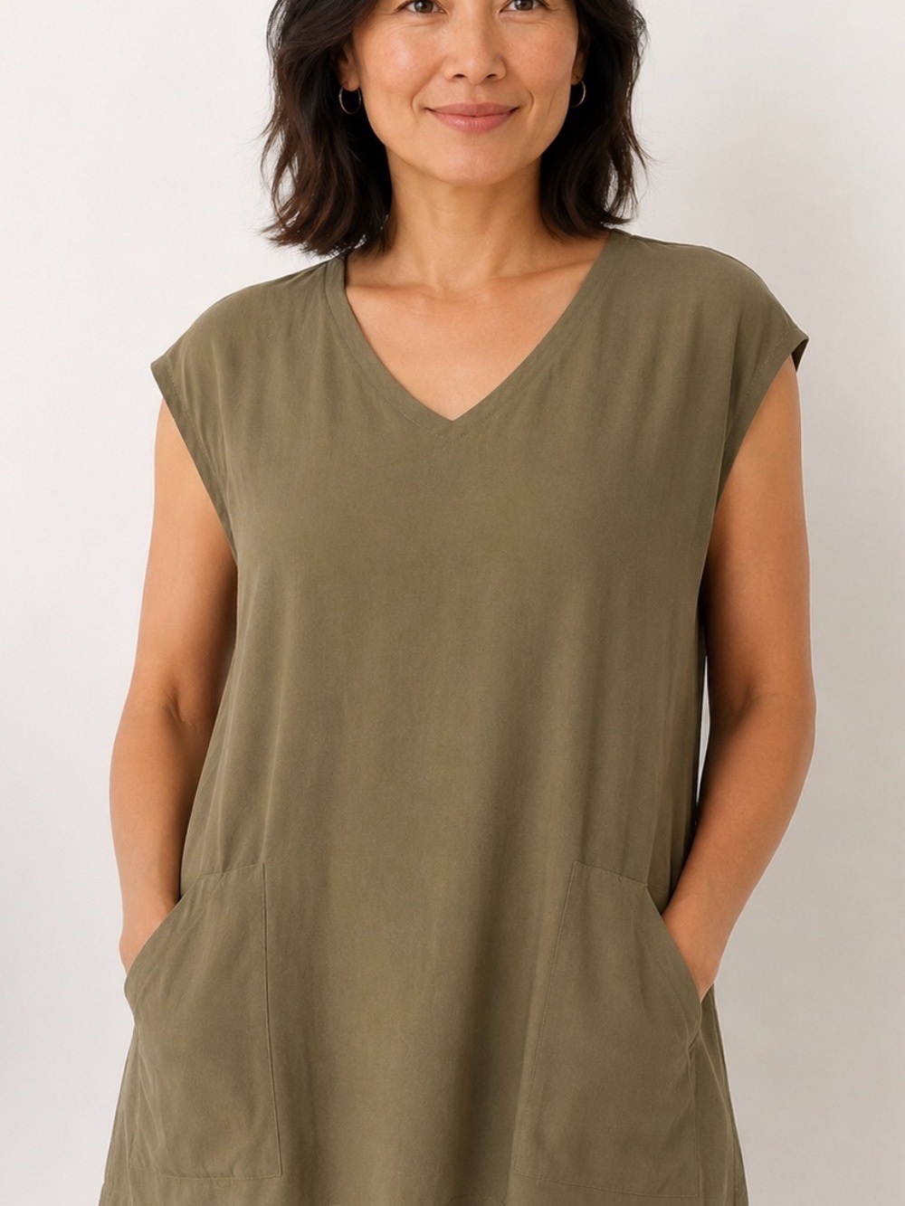 Eileen Fisher Silk Georgette Crepe Sleeveless Pocket Tunic Top - Olive Sz XS-NWT